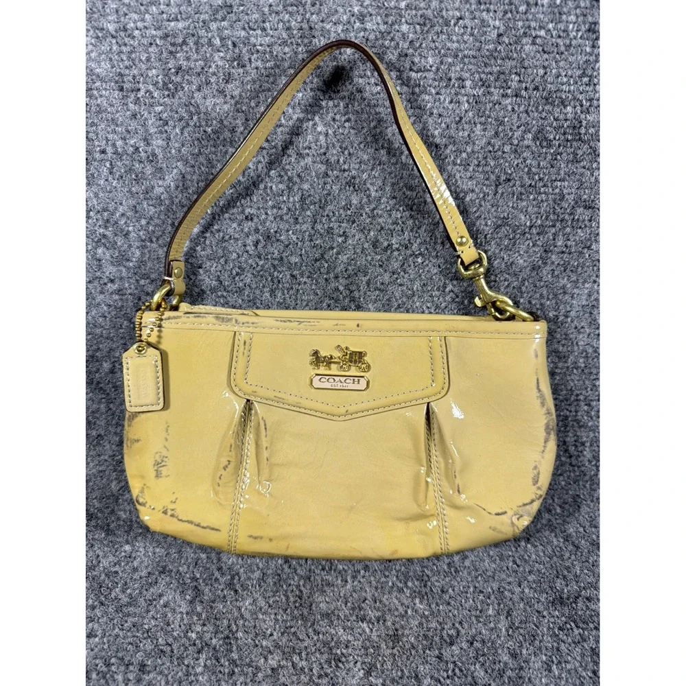 Vintage Coach Yellow Patent Leather Small Wristlet Bag Purple Lining Gold Logo